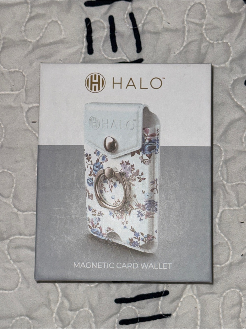 Halo Floral Magnetic Card Wallet in White and Blue with Ring
